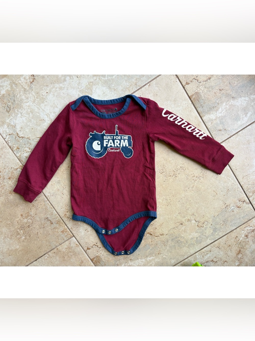 Carhartt Burgundy Long-Sleeve One-Piece with Navy Trim Size 18M